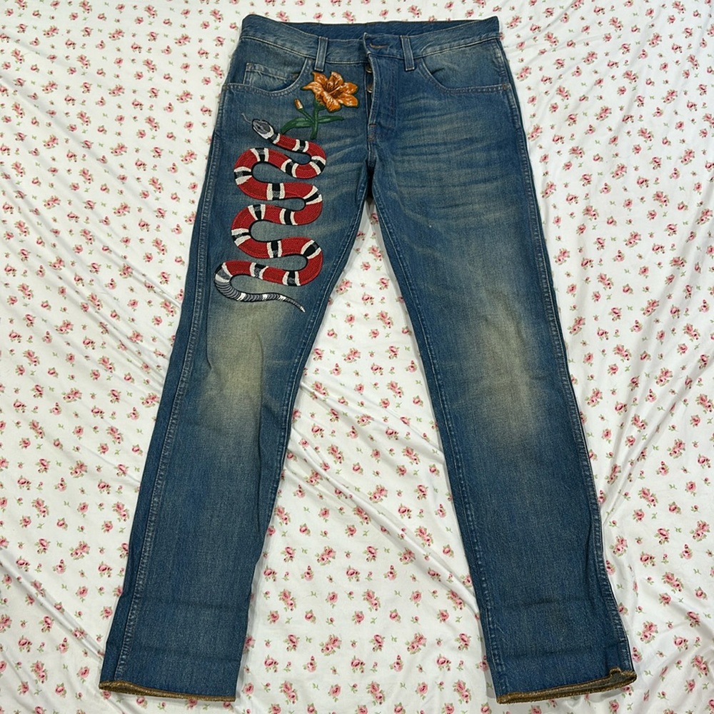 Gucci Mens Jeans with Embroidered Patch Details